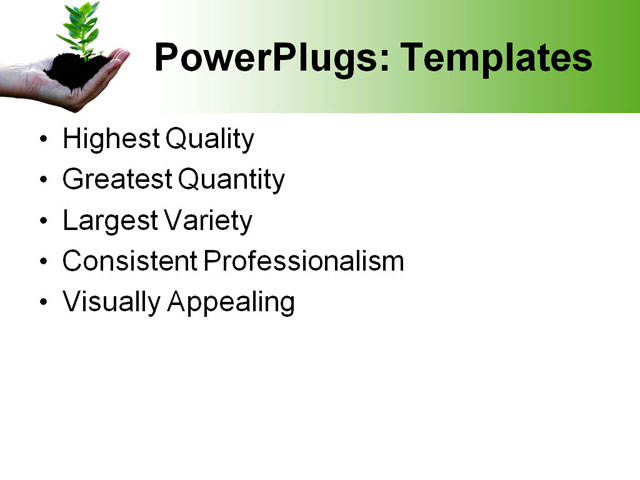 PowerPoint Template - sustainable development-green plant in woman`s palm, blue, clouds - Print Slide